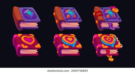 Magic book with hard cover and parchment - game level rank ui assets. Cartoon set of evolution stages of ancient fantasy paper book decorated with gems for gui design. Growing steps of library item.