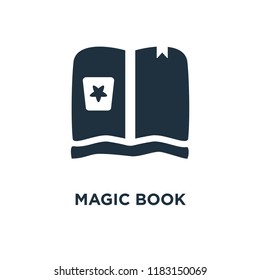 Magic book icon. Black filled vector illustration. Magic book symbol on white background. Can be used in web and mobile.