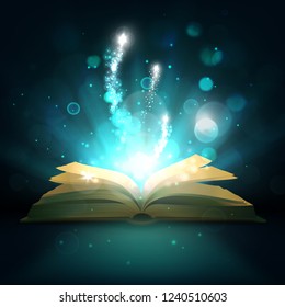 Magic book with light sparkles and shine. Vector fairy tale book with open pages, magic shiny stars light and sparkling fireworks on mystic bokeh rays background