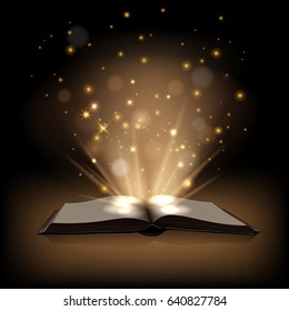 Magic Book With Magic Lights On Dark Brown Background. Vector Illustration.