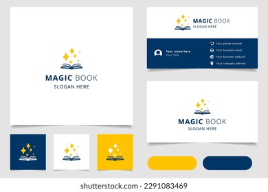 Magic book logo design with editable slogan. Branding book and business card template.