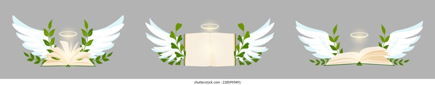 Magic book mystic page wing leafy wreath flat set. Divine light mystical angel halo bible green laurel crown open secret important fantasy mystery background postcard education library blank banner