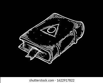 Magic book with occult magic symbol. Magic book with triangle symbol. Grimoire sketch illustration for print, web, mobile and infographics isolated on black background.