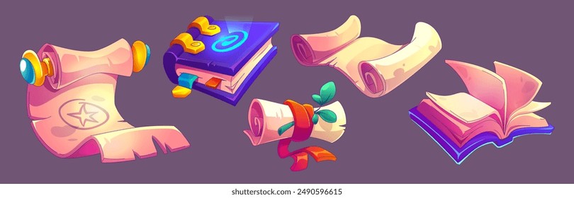 Magic book, old scroll and medieval parchment. Ancient spell paper ui game vector. Fantasy witchcraft education element for antique school. Message in letter object with ribbon and plant set