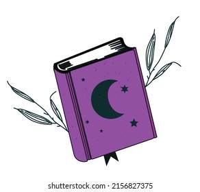 Magic book on astrology, magic tattoo for witch, book of spells and witchcraft. Hand drawn tattoo in bohemian design, vector illustration isolated on white background.