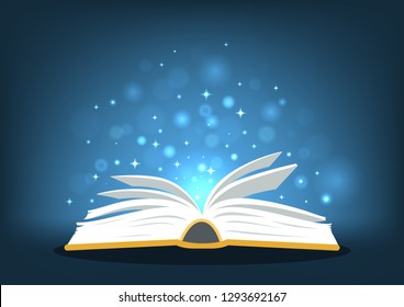 Magic book. Open book with magic lights on dark blue background