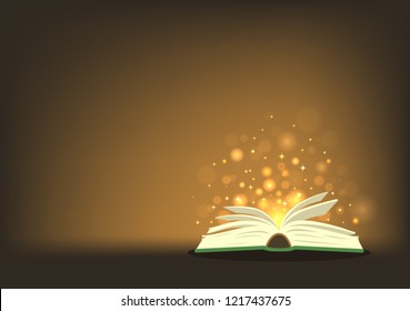 Magic book. Open book with magic lights with place for your text. Vector illustration.
