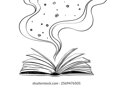 Magic Book. An open paper book glows and sparkles. The plot of the story emerges from an open book. 