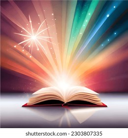 Magic book. Opening magic book with light and stars. Magic gremoire. Vector illustration.