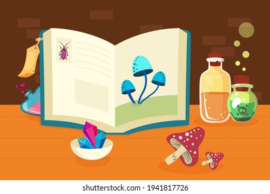 Libro mágico con recetas de poción. Frasco, veneno, ilustración líquida plana vectorial. Concepto de brujería y alquimia para banner, diseño de sitio web o página web de aterrizaje