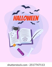 Magic book with quill, flask with poison and spider. Halloween lettering with flying bats on abstract background. Celebration, party concept. Vector illustration for invitation, banner or poster