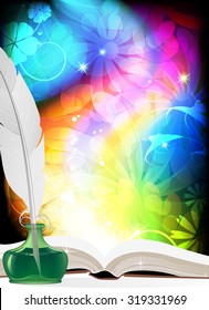 Magic book, quill and inkwell on an abstract rainbow background