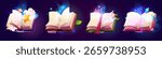 Magic book set for game assets - enchanted spellbooks with blue smoke, floating stars and clouds, open grimoires with mushrooms, crystals and glowing pages by fantasy design for wizard rpg ui.