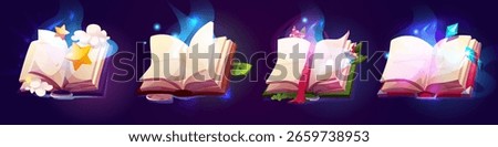 Magic book set for game assets - enchanted spellbooks with blue smoke, floating stars and clouds, open grimoires with mushrooms, crystals and glowing pages by fantasy design for wizard rpg ui.
