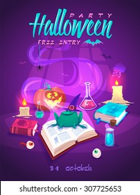 Magic book with smiling frog . Halloween cardposter. Vector illustration.