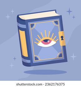 Magic book of spells with isoteric eye. Magic witchcraft Halloween attributes in flat cartoon style.