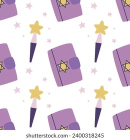 Magic book of spells and magic wand seamless pattern. Background with attributes of witchcraft. Hand drawn wizard or sorcerer items, flat style. Witchcraft themed print, vector illustration