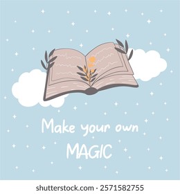 Magic book. Book of spells and witchcraft. Clouds and stars. Gift card, poster. Mystical concept. Hand drawn vector design