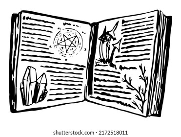 Magic book, book of spells and witchcraft. Occult witch item ink sketch isolated on white. Halloween hand drawn vector illustration in retro style.