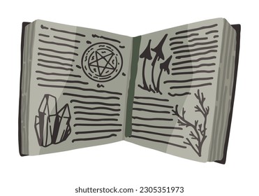 Magic book, book of spells and witchcraft. Occult witch item clipart. Halloween doodle isolated on white. Colored vector illustration in cartoon style..