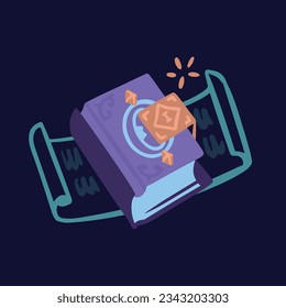 Magic book with spells, wizards, scrolls. Vector simple doodle outline style.