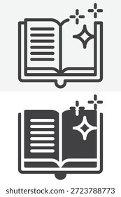 Libro mágico con icono de estrellas en línea y estilo sólido. Esquema y signo de Vector con trazo editable, icono de símbolo de libro de hechizos para conceptos de magia y fantasía.