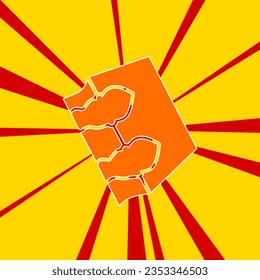 Magic book symbol on a background of red flash explosion radial lines. The large orange symbol is located in the center of the sun, symbolizing the sunrise. Vector illustration on yellow background