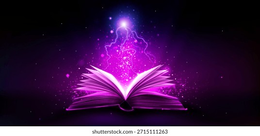 Magic book with thunder bolts and pink light rays. Realistic open tome glowing with mystery and ancient knowledge. Fantasy vector design for library, education projects and mystical legend concepts.