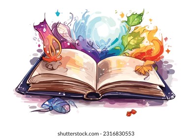 Magic Book Vector Cartoon White watecolor white background.