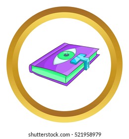 Magic book vector icon in golden circle, cartoon style isolated on white background