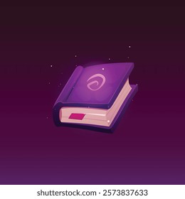 Magic Book. Vector illustration of closed spell book with witchcraft glowing symbols and particles and purple cover. Suitable as a decorative element in game graphics. Isolated dark background.