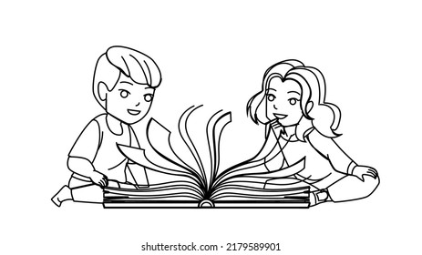 magic book vector. open light fantasy, boy girl old library, story literature, dream education magic book character. people black line pencil drawing vector illustration