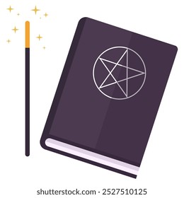 Magic book with magic wand and stars flying out flat icon isolated on white background.