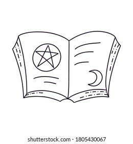 Magic book with witch spells. Mystical vector illustration for Halloween. Beautiful icon in the style of cartoon for the autumn holiday Halloween.