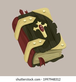 A magic book. Witchcraft. Vector illustration for fairy tales, games, icons. A book of spells. Isolated 3d vector illustration. Occult objects for mystical rituals. A cross with a stone.