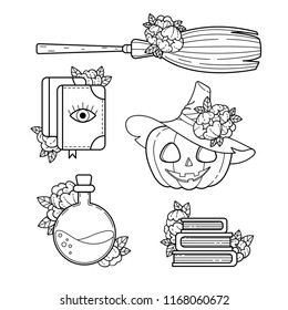 Magic books, a bottle with a magic potion, a pumpkin in a witch hat, a broom. A set of spell items. Halloween. Contour drawing.