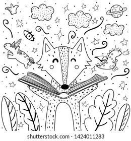 Magic in the books coloring page with cute wolf. Black and white background for adults and children. Vector illustration