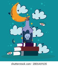 magic books and elixir bottle cartoon