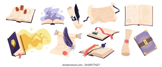 Magic books and fairy scrolls set. Open and closed fantasy paper books with ray of light from spells, runes and mystery, medieval manuscripts for reading by wizard cartoon vector illustration