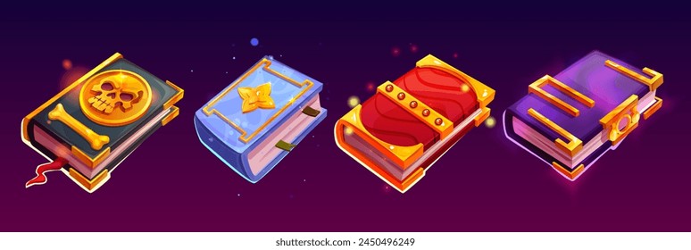 Magic books for game ui design. Cartoon vector illustration set of closed fantasy wizard literature with hardcover decorated with gold and gem stone. Ancient alchemy or witch grimoire with glow effect