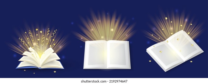 Magic books with lights realistic vector design. Fantasy or fairy tale book, bible or wizard spellbook with bright glowing pages, shining sparkles and confetti illustration