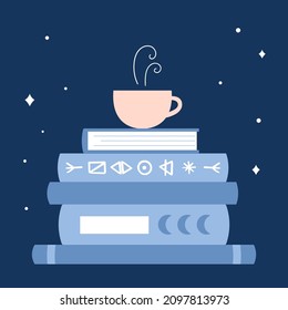 Magic books with runes symbols. Cup on a stack of books. Esoteric literature. Flat style vector illustration.