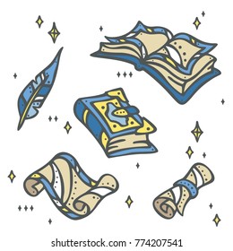 Magic books, secret scroll, paper and feather pen. Perfect for kids room decoration, party printables, background element, invitation, frame design, etc