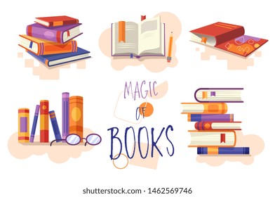 Magic of Books set of icons or design elements showing stacked books, open book for reading, row on a bookshelf and closed hardcover textbook with central text, vector cartoon illustration.