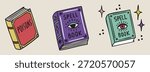 Magic books set, two spellbooks and book of poisons, boho mystical witchy hand drawn style. Vector illustration.