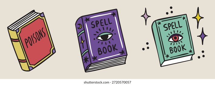 Livro de magia conjunto de livros, dois livros de feitiços e livro de venenos, boho místico bruxo mão desenhado estilo. Ilustração vetorial.