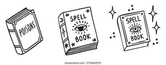 Zauberbücher, zwei Zauberbücher und Giftbücher, handgezeichnete monochrome Linien. Vektorgrafik.