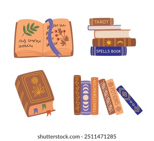 Conjunto de libros de magia. Libros de brujería Ilustraciones vectoriales planas colección