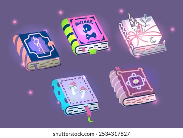 Magic books of spells with fantasy covers bookmarks and mystery light vector cartoon illustration. 