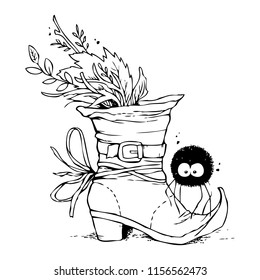 magic boot with plants, leaves and spider. linear black and white vector illustration. hand drawn picture for coloring books